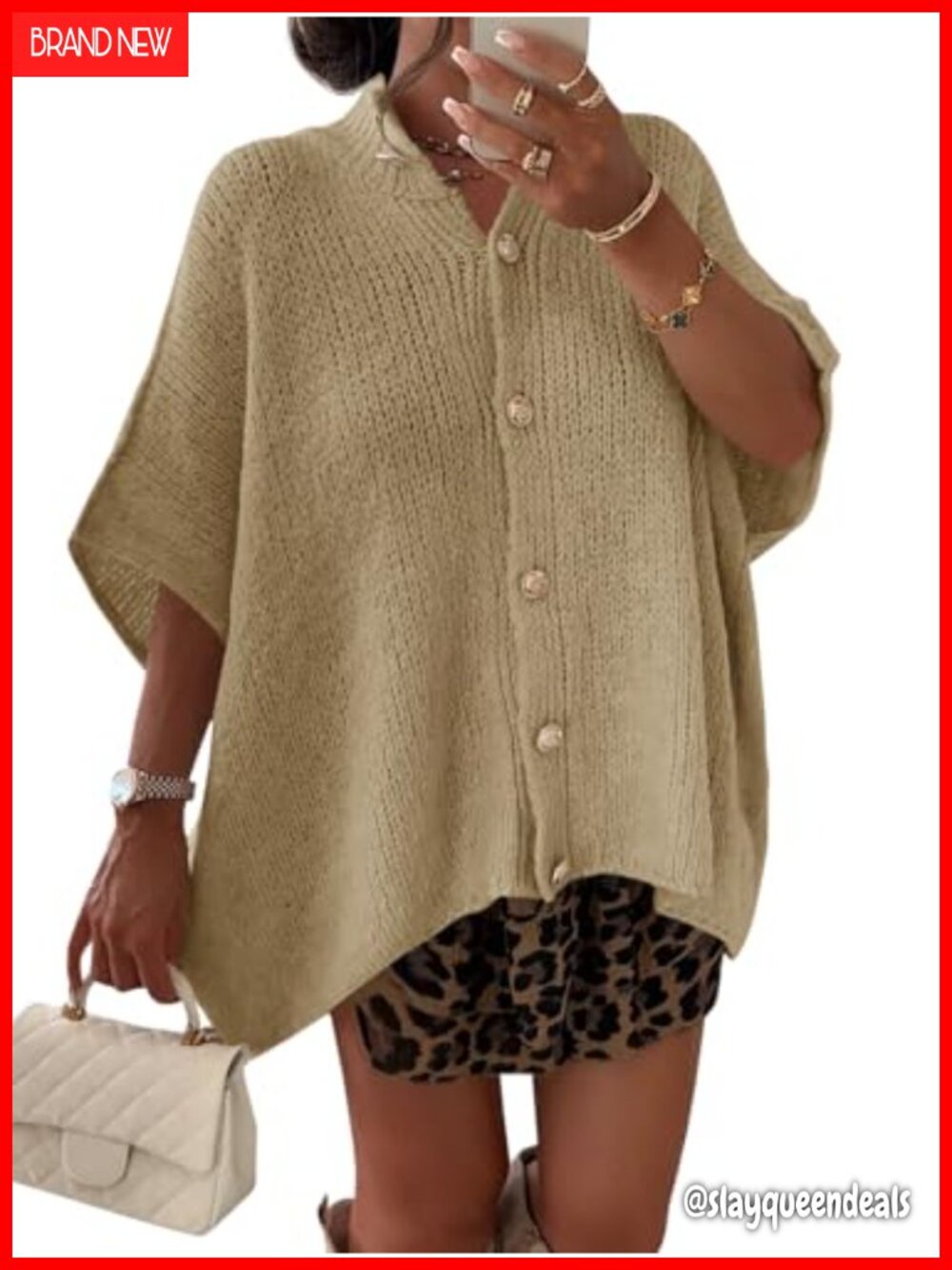 Oversized Button Down Cardigan Short Sleeve Lightweight Knit Casual